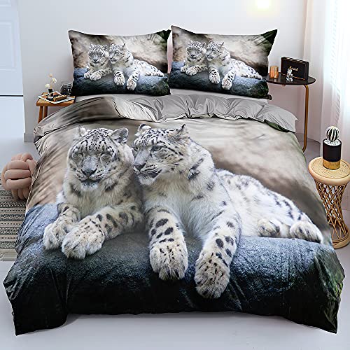 DXHOME 3D Bettwäsche 135x200 4teilig Berg Leopard Thema Wendebettwäsche Weiche Hochwertige Weiß Mikrofaser Bettwäsche für Jugendliche Kinder Einzelbett mit Reißverschluss und 2 Kissenbezüge 80x80 cm von DXHOME