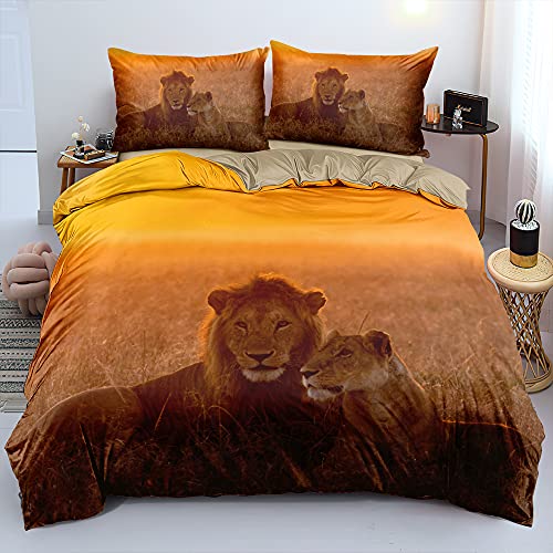 DXHOME 3D Bettwäsche 135x200 4teilig Löwe Lion Grünland Wendebettwäsche Weiche Braun Mikrofaser Bettwäsche für Jugendliche Kinder mit Reißverschluss 2 Bettbezüge 135x200 cm 2 Kissenbezüge 80x80 cm von DXHOME