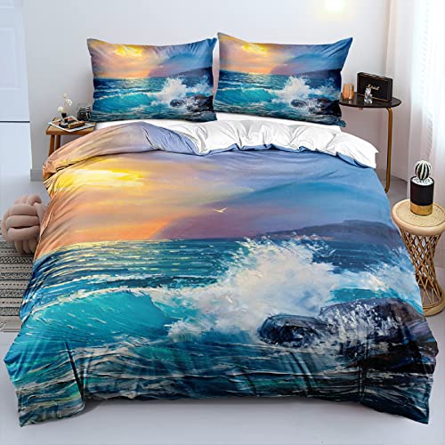 DXHOME 3D Bettwäsche 135x200 4teilig Maritim Sonnenuntergang Blau Hochwertige Mikrofaser Bettwäsche Wellenmuster Wendebettwäsche mit Reißverschluss 2 Bettbezüge 135x200 cm 2 Kissenbezüge 80x80 cm von DXHOME