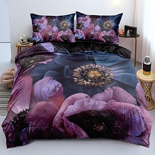 DXHOME 3D Bettwäsche 200x200 3 teilig Floral Lila Romantisch Vintage Mikrofaser Bettwäsche Blumen Wendebettwäsche für Schlafzimmer mit Reißverschluss 1 Bettbezug 200x200 cm 2 Kissenbezüge 80x80 cm von DXHOME