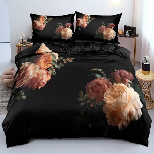 DXHOME 3D Bettwäsche 220x240cm Blumen Schwarz Gelb Vintage Floral Grüne Pflanze Muster Wendebettwäsche Romantisch Atmungsaktiv Bettbezug mit Reißverschluss und 2 Kissenbezüge 80 x 80cm von DXHOME