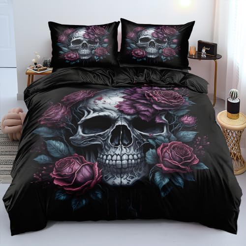 DXHOME 3D Bettwäsche Gothic 200x220 3teilig Skull Gothic Motiv Schwarz Bettwäsche-Set mit Blumen Weiche Mikrofaser Bettbezug mit Reißverschluss und 2 Kissenbezüge 80 x 80cm von DXHOME