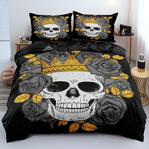 DXHOME 3D Bettwäsche Skull 200x200 Schwarz Totenkopf Schädel Gothic Bettwäscheset mit Blumenmuster Weiche Mikrofaser Aesthetic Bettbezug mit Reißverschluss und 2 Kissenbezüge 80 x 80cm von DXHOME