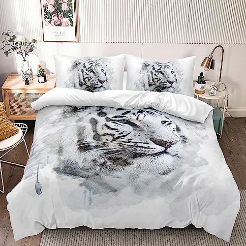 DXHOME 3D Bettwäsche Tiermotiv 135x200 4teilig Weiß Tiger Bettwäsche Weiß Weich Flauschige Mikrofaser Wendebettwäsche für Kinder Jungen Einzelbett mit Reißverschluss und 2 Kissenbezüge 80x80 cm von DXHOME