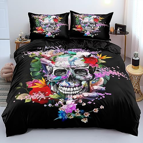 DXHOME 3D Bettwäsche Totenkopf 200x220 3teilig Skull Gothic Motiv Schwarz Bunt Bettwäsche-Set mit Blumen Mikrofaser Bettbezug mit Reißverschluss und 2 Kissenbezüge 80 x 80cm von DXHOME