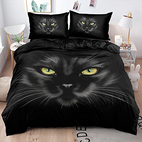 DXHOME 3D Effekt Bettwäsche Katze 200x200 3 teilig Schwarz Katzenmotiv Bettbezug Flauschige Weiche Mikrofaser Bettwäsche für Mädchen Jungen mit Reißverschluss und 2 Kissenbezüge 80x80 cm von DXHOME