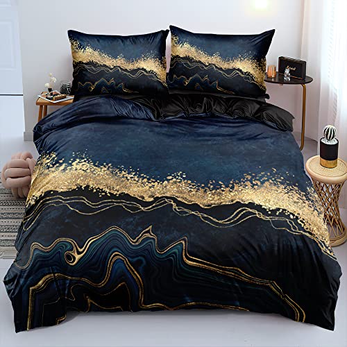 DXHOME 3D Goldenes Bettwäsche Muster 200x220cm Marmor Schwarz Blau Microfaser Wendebettwäsche Bettbezug mit Reißverschluss und 2 Kissenbezüge 80 x 80cm von DXHOME