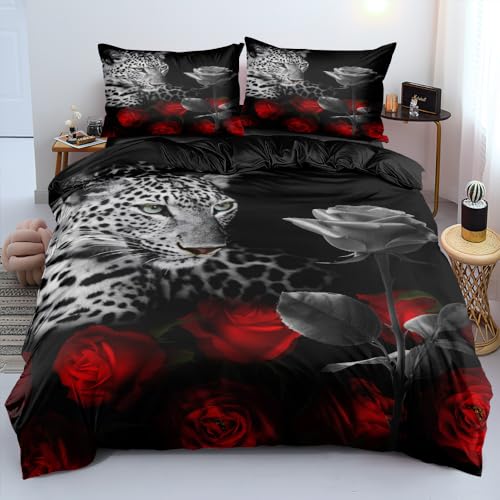 DXHOME 3D Leoparden Bettwäsche 135x200 4 teilig Tiermotiv Leopard Rot Rosen Wendebettwäsche Weich Mikrofaser Bettwäsche für Jungen Kinder Einzelbett mit Reißverschluss und 2 Kissenbezüge 80x80 cm von DXHOME