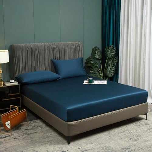 DXHOME Bambus Spannbettlaken 180x200 Petrol Blau Kühlende Atmungsaktiv und Anti-Allergisch Bettlaken Bambus Spannleintuch 180 x 200 Doppelbett Uni Leintuch für Hohe Matratze Hoher Steg bis 25-30 cm von DXHOME