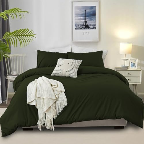DXHOME Baumwolle Bettwäsche 220x240 Uni Olivgrün Flauschige Bettwäsche Modern Einfach Weich Baumwolle Bettwäsche mit Reißverschluss und 2 Kissenbezüge 80x80 cm von DXHOME