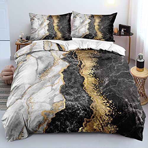 DXHOME Bettwäsche 135x200 3D Gold Schwarz Marmor Baumwolle Weiß Effekt Luxuriös 4 Teilig Wendebettwäsche Einzelbett Bettbezüge mit Reißverschluss und 2 Kissenbezüge 80 × 80 cm von DXHOME