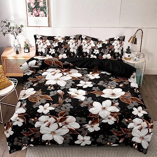 DXHOME Bettwäsche 135x200 Blumen Gold Blüten Weiß Schwarz Bettbezug Set 2 Teilig Weiche Microfaser WendeBettwäsche Bettdeckenbezug Bettbezug mit Reißverschluss + 1 Kissenbezug 80x80 cm von DXHOME