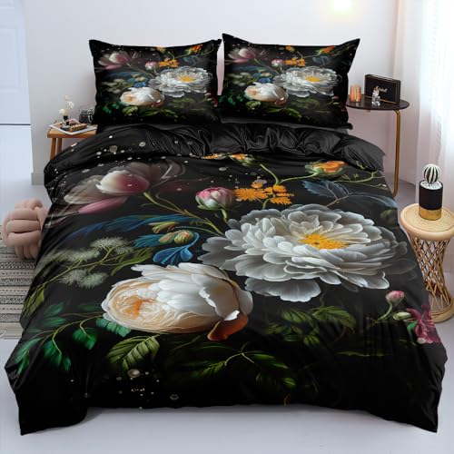 DXHOME Bettwäsche 135x200 Blumen Schwarz Blüten Blumenmuster Vintage 3D Bettwäsche Set 2er Set mit Floralemuster Weiche Mikrofaser Bettbezug mit Reißverschluss + 1 Kissenbezug 80x80 cm von DXHOME