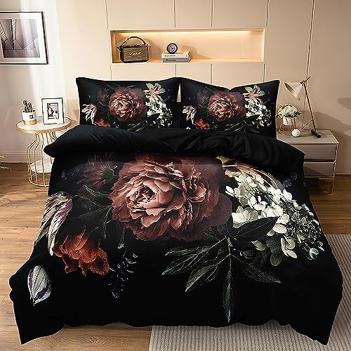 DXHOME Bettwäsche 135x200 Blumen Schwarz Geblümt Hellgrün Vintage 3D Blüten Floral Weiche Mikrofaser Elegant Einzelbett Bettbezug mit Reißverschluss + 1 Kissenbezug 80x80 cm von DXHOME