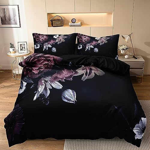 DXHOME Bettwäsche 135x200 Blumen Schwarz Vintage Blüten Muster 3D Floral Bettbezug Set Weiche Microfaser Bettwäsche Aesthetic Bettbezug mit Reißverschluss + 1 Kissenbezug 80x80 cm von DXHOME