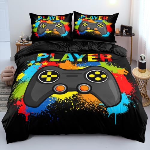 DXHOME Bettwäsche 135x200cm Gamer Gamepad Spiele 3D Bunt Lustige Deckenbezug Schwarz Atmungsaktiv Mikrofaser 2 Teilig Jungs Kinder Bettbezug mit Reißverschluss + 1 Kissenbezug 80x80 cm von DXHOME