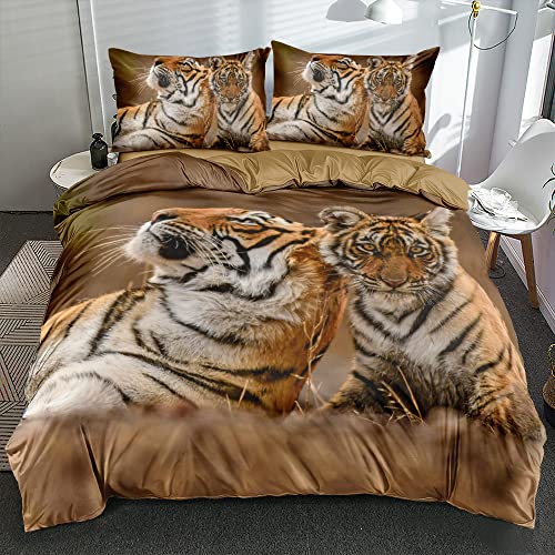 DXHOME Bettwäsche 155x220 3D Effekt Tiger Tiermotiv Bettzeug Weich Hochwertig Braun Gelb Mikrofaser Bettwäsche 3 teilig für Jugendliche Jungen Kinder mit Reißverschluss und 2 Kissenbezüge 80x80 cm von DXHOME