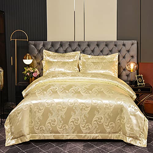 DXHOME Bettwäsche 155x220 3teilig Satin Jacquard Gold Champagner Glatt Glänzend Bettbezug Weich Romantisch Blumenmuster Luxus Bettwäsche Betten mit Reißverschluss und 2 Kissenbezügen 80x80 cm von DXHOME