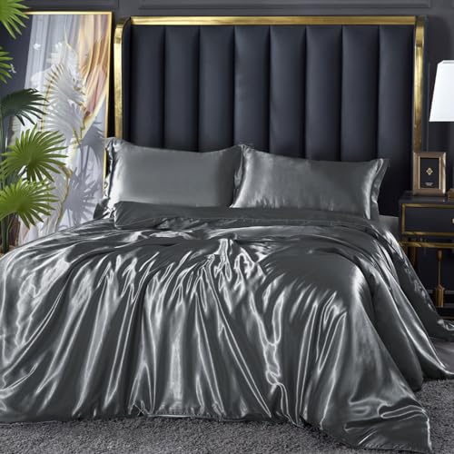 DXHOME Bettwäsche 155x220cm Satin Grau Dunkelgrau Anthrazit Glänzend Seide Glatt Luxus Bettwäsche Glanzsatin Einfarbig Grau Anthrazit Bettbezug Set Bettwäscheset Einzelbett und Kissenbezüge 80x80 cm von DXHOME