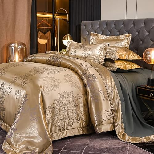 DXHOME Bettwäsche 200x200 Gold Satin Blumen Jacquard Seiden Glänzend Glitzer Bettwäsche Blumenmuster Stickerei Aesthetic Microfaser Barock Bettbezug mit Reißverschluss und 2 Kissenbezüge 80 x 80cm von DXHOME