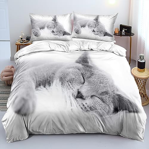 DXHOME Bettwäsche 200x200 Katzenmotiv 3 teilig Weiß Bettbezug Flauschige Mikrofaser Bettwäsche für Mädchen Jugendliche Doppelbett mit Reißverschluss und 2 Kissenbezüge 80x80 cm von DXHOME