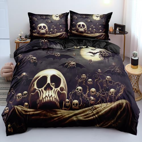 DXHOME Bettwäsche 200x200 Schwarz 3D Skull Gothic Style Atmungsaktiv Weiche Mikrofaser Halloween Schädel Cover Bettbezug mit Reißverschluss und 2 Kissenbezüge 80 x 80cm von DXHOME