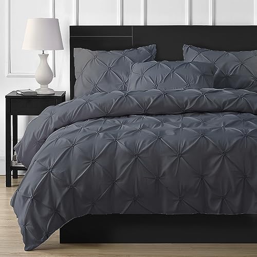 DXHOME Bettwäsche 200x200cm Grau Dunkelgrau Pintuck Pinch Plissee Wendebettwäsche Geometrische Kariert Weich Microfaser Paare Bettbezug mit Reißverschluss und 2 Kissenbezüge 80 x 80cm von DXHOME