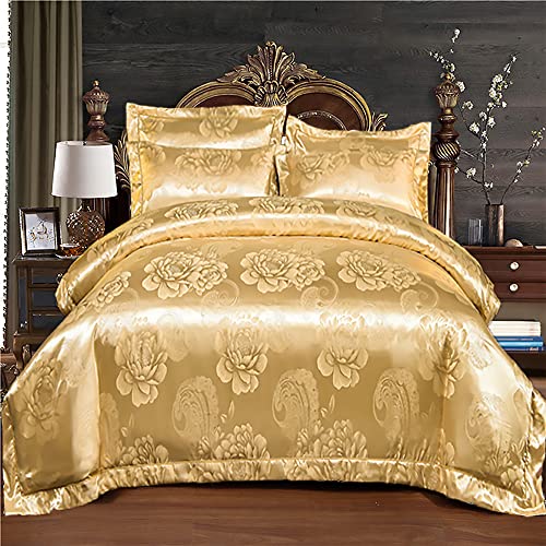 DXHOME Bettwäsche 200x220 Gold Satin Glatt Glänzend Wendebettwäsche Luxuriös Bettbezug Barock Blumenmuster Bettbezug mit Reißverschluss und 2 Kissenbezüge 80 x 80cm von DXHOME