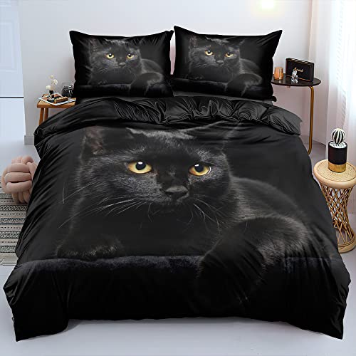 DXHOME Bettwäsche 200x220 Schwarz Katze 3D Tiermotiv Wendebettwäsche Flauschige Komfort Mikrofaser Bettwäsche 3 teilig für Mädchen Jungen Doppelbett mit Reißverschluss und 2 Kissenbezüge 80x80 cm von DXHOME