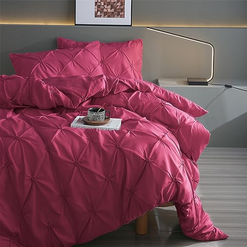 DXHOME Bettwäsche 220x240 Weinrot Pintuck Plisseefalten Geometrische Kariert Weiche Mikrofaser Wende Bettwäsche Aesthetic Bettbezug mit Reißverschluss und 2 Kissenbezüge 80 x 80cm von DXHOME