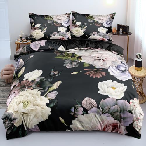 DXHOME Bettwäsche Blumen 135x200 Schwarz Weiß Beige Vintage Floral Weiche Mikrofaser Wende Bettwäsche Aesthetic Kuschelig Bettbezug mit Reißverschluss + 1 Kissenbezug 80x80 cm von DXHOME