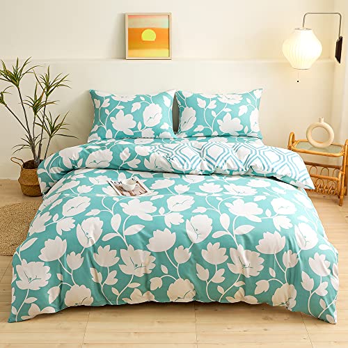 DXHOME Bettwäsche Blumen 135x200 Weiß Blau Microfaser Geometrisch Kuschelig WendeBettwäsche Jugendliche Bettbezug Set mit Reißverschluss und 1 Kissenbezug 80x80 cm von DXHOME