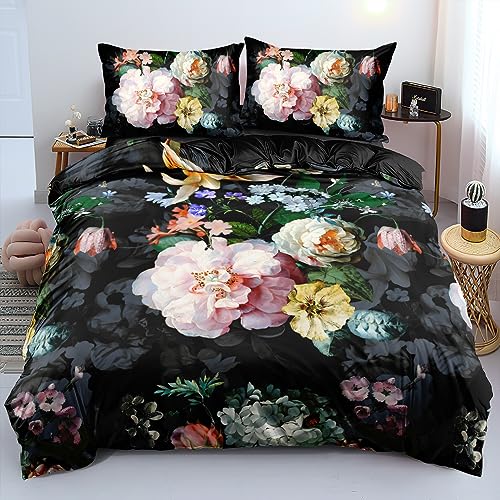 DXHOME Bettwäsche Blumen 155x220cm Rosa Dunkelgrüne Schwarz Vintage Blumenmuster Botanisch Pflanze Muster Aesthetic Bettwäsche Bettbezug mit Reißverschluss und 2 Kissenbezüge 80 x 80cm von DXHOME