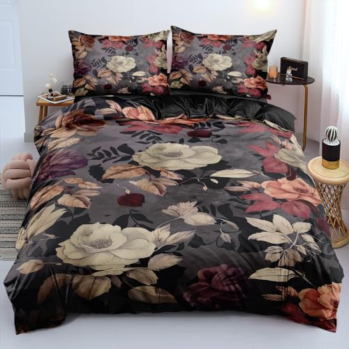 DXHOME Bettwäsche Blumen 220x240cm Schwarz Dunkelgrau Floral Blüten Wende Bettwäsche Blumenmuster 3D 3 Teilig Weiche Microfaser Bettbezug mit Reißverschluss und 2 Kissenbezüge 80 x 80cm von DXHOME