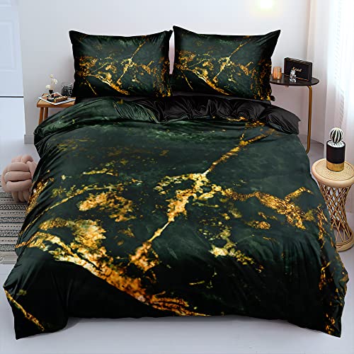 DXHOME Bettwäsche Dunkelgrün Gold 135x200 Marmor 3D Effekt Modern Wendebettwäsche Microfaser Einzelbett Wendebettwäsche Bettbezüge mit Reißverschluss und 2 Kissenbezüge 80 × 80 cm von DXHOME