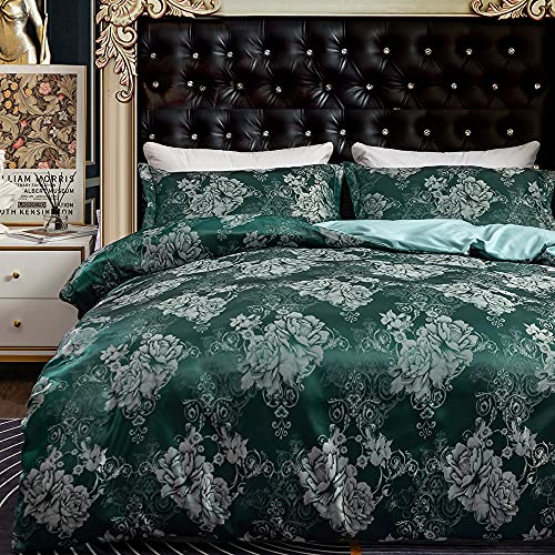 DXHOME Bettwäsche Dunkelgrün Satin 155x220 Blau Jacquard Bettbezug Barock Muster Luxus Aesthetic Satin Aesthetic Mädchen Teenager Bettwäsche Set mit Reißverschluss von DXHOME