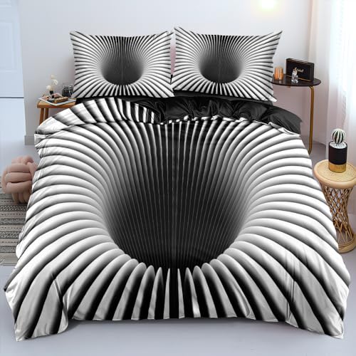 DXHOME Bettwäsche Gestreift Weiß Schwarz 220x240cm Geometrisch Weiche Mikrofaser 3D-Digitaldruck Doppelbett Bettwäsche Set Bettbezug mit Reißverschluss und 2 Kissenbezüge 80 x 80cm von DXHOME