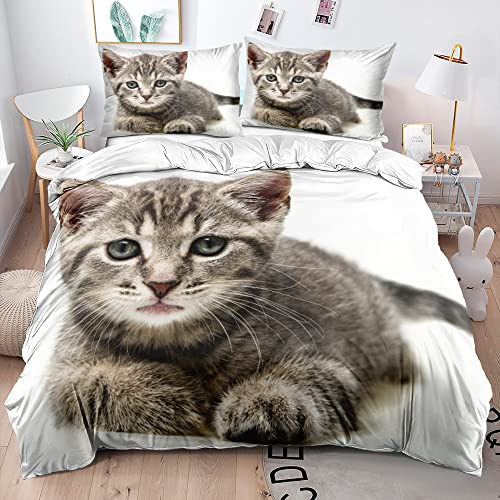 DXHOME Bettwäsche Katze 155x220 Haustier Dragon-Li 3D Effekt Wendebettwäsche Braun Weiß Mikrofaser Bettwäsche 3 teilig für Kinder Mädchen Jungen mit Reißverschluss und 2 Kissenbezüge 80x80 cm von DXHOME