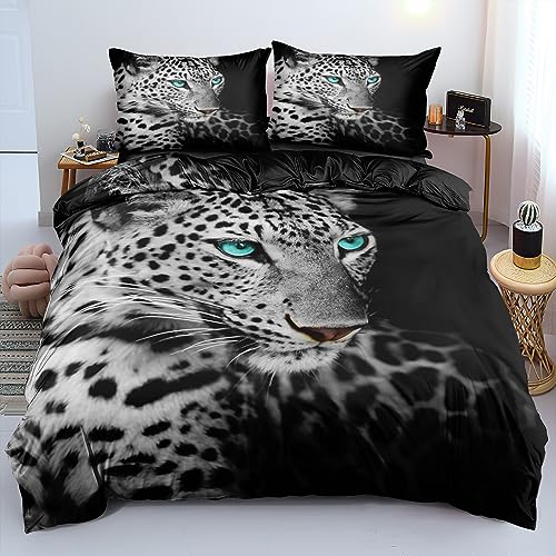 DXHOME Bettwäsche Leopard 200x200 Grau Schwarz Weiche Mikrofaser Deckenbezug Kinder Tiermotive Wendebettwäsche für Jugendliche Bettbezug mit Reißverschluss und 2 Kissenbezüge 80 x 80cm von DXHOME