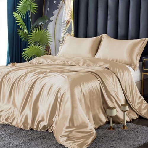 DXHOME Bettwäsche Satin 155x220cm Beige Golden Glänzend Seiden Einfarbig Bettwäsche Bettbezug Set Glatt Luxus Glanzsatin Microfaser Bettwäscheset Einzelbett mit Reissverschluss von DXHOME