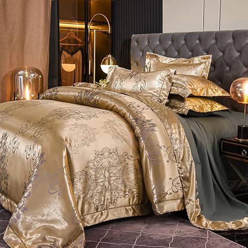 DXHOME Satin Bettwäsche 135 x 200 Satin Gold Glatt Glänzend Bettwäsche Luxuriös Mikrofaser Blumen Muster Modern Bettwäschegarnitur Aesthetic Bettbezug mit Reißverschluss + 1 Kissenbezug 80 x 80 cm von DXHOME