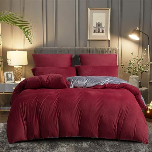 DXHOME Coral Fleece Winter Bettwäsche 135x200cm 4teilig Rot Weinrot Grau Warme Plüsch Kuschelig Flauschig Samt Bettwäsche Set Deckenbezug Bettbezüge mit Reißverschluss und 2 Kissenbezügen 80×80 cm von DXHOME