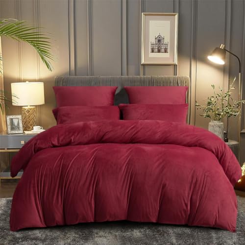 DXHOME Flanell Bettwäsche 135x200cm Plüsch Rot Weinrot Flanell Winter Warm Kuschelig Flauschig Kuschelbettwäsche Cashmere Touch Bettbezug mit Reißverschluss + 1 Kissenbezug 80x80 cm von DXHOME