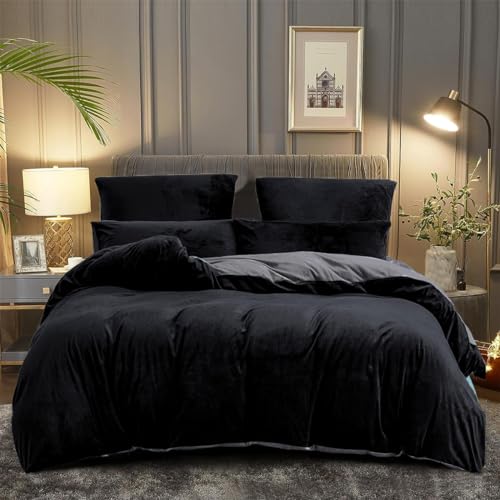 DXHOME Flauschige Bettwäsche 155x220 Schwarz Grau Kuschelig Winter Wende Plüsch Bettwäsche-Set Microfaser Fleece Extrem Warme Bettbezug mit Reißverschluss und 2 Kissenbezüge 80 x 80cm von DXHOME