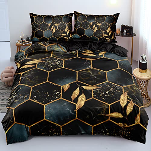 DXHOME Gold 135x200 Bettwäsche Marmor Grau - schwarz Geometrisches Wendebettwäsche 2teilig Gold Blattmuster Modern Mikrofaser Bettbezug mit Reißverschluss + 1 Kissenbezug 80x80 cm von DXHOME