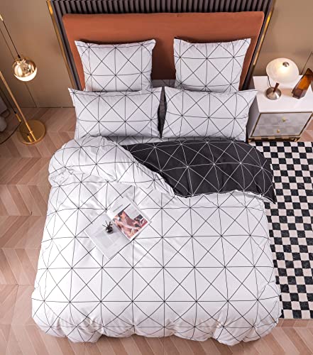 DXHOME Graue Weiße Bettwäsche 200X220 Karierte Bettbezug Set King Size 3 Teilig Bettwaesche Mit Reißverschluss Karo Geometrisch Microfaser Modern Bettwäsche Set Kariert Doppelbett Jugendliche von DXHOME