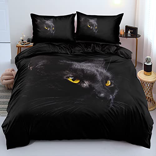 DXHOME Katzen Bettwäsche 135x200 3D Effekt Haustier Wendebettwäsche 2 teilig Flauschige Schwarz Mikrofaser Bettwäsche Jugendliche Mädchen Jungen Einzelbett mit Reißverschluss und 80x80 cm Kissenbezug von DXHOME