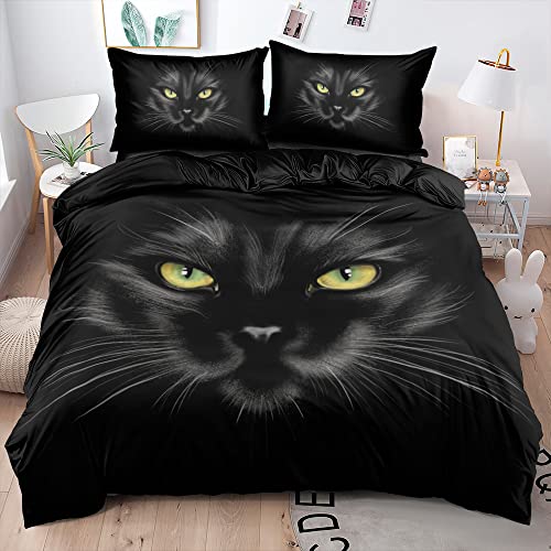 DXHOME Katzen Bettwäsche 135x200 Katze Schwarz Haustier 3D Effekte Wendebettwäsche 2 teilig Flauschige Weiche Mikrofaser Bettwäsche Kinder Mädchen Jungen mit Reißverschluss und 80x80 cm Kissenbezug von DXHOME