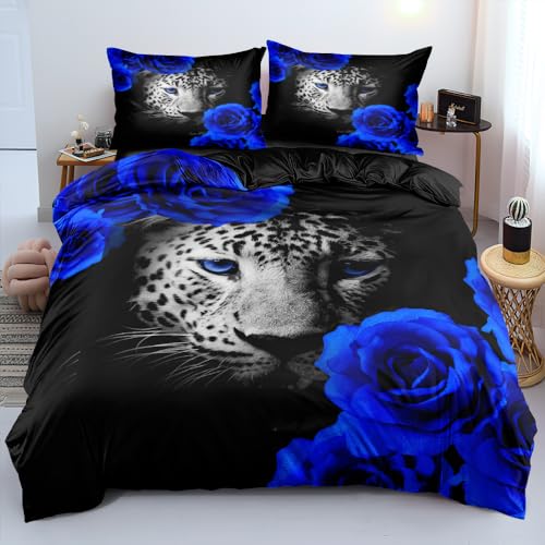 DXHOME Leoparden Bettwäsche 155x220 Leopard Tiermotiv Blau Blumenmuster Set 3D Deckenbezug Weich Mikrofaser Bettwäsche 3 Teilig Bettbezug mit Reißverschluss und 2 Kissenbezüge 80 x 80cm von DXHOME