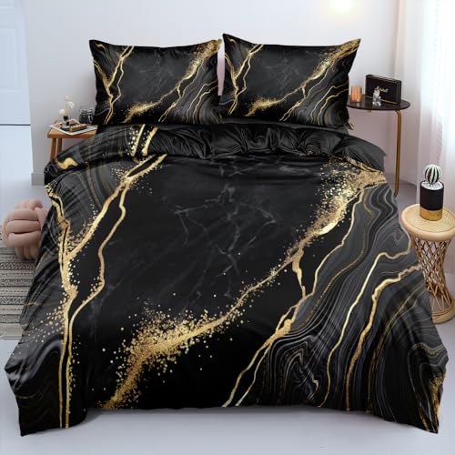 DXHOME Marmor Bettwäsche 135x200 Schwarz Gold 2 Teilig Bettwäsche Set Muster Marmor für Einzelbett Bettbezug mit Reißverschluss + 1 Kissenbezug 80x80 cm von DXHOME